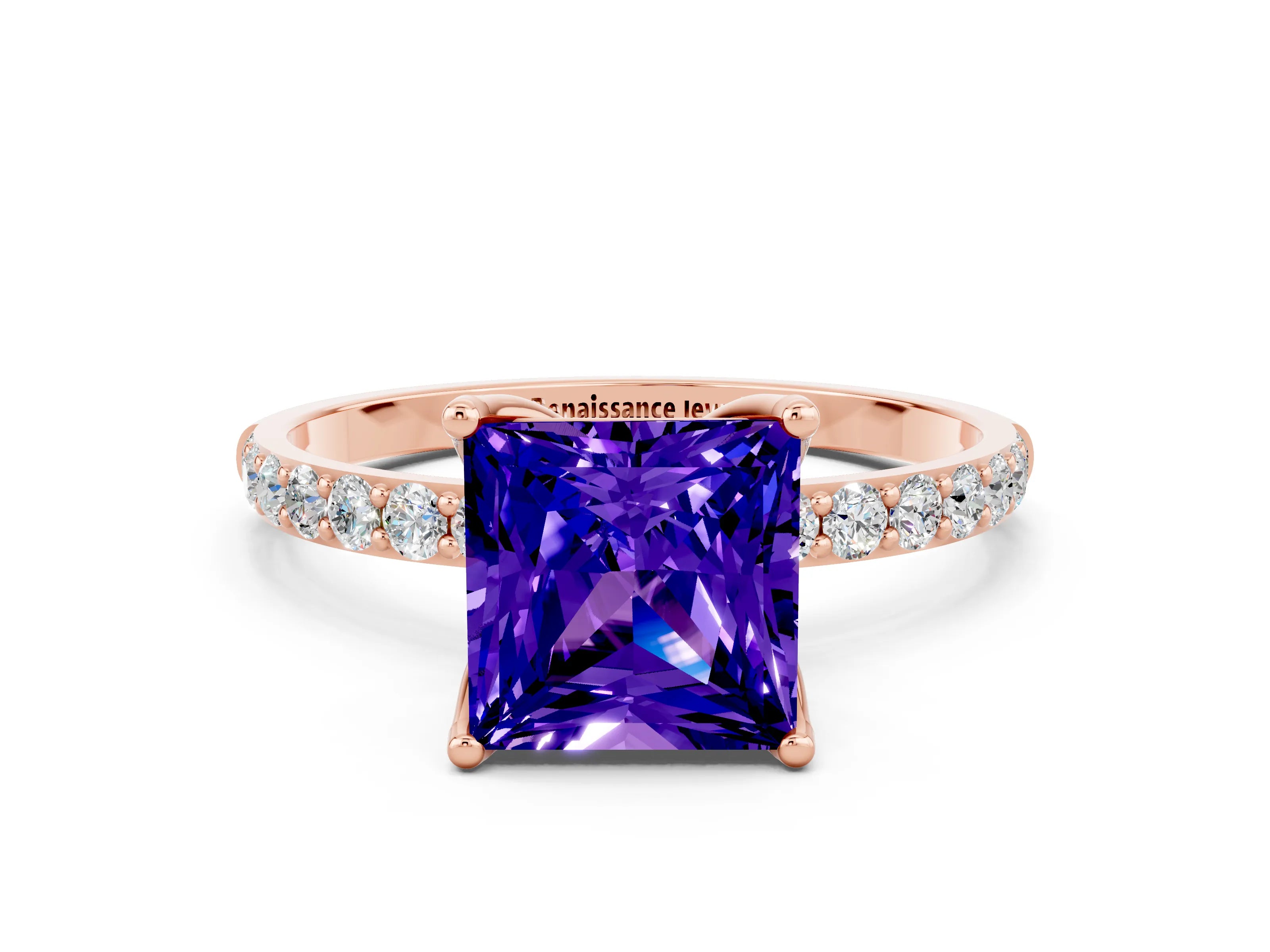Rose gold Princess Cut Tanzanite Solitaire Engagement Ring with Pavé Band and Prong Setting