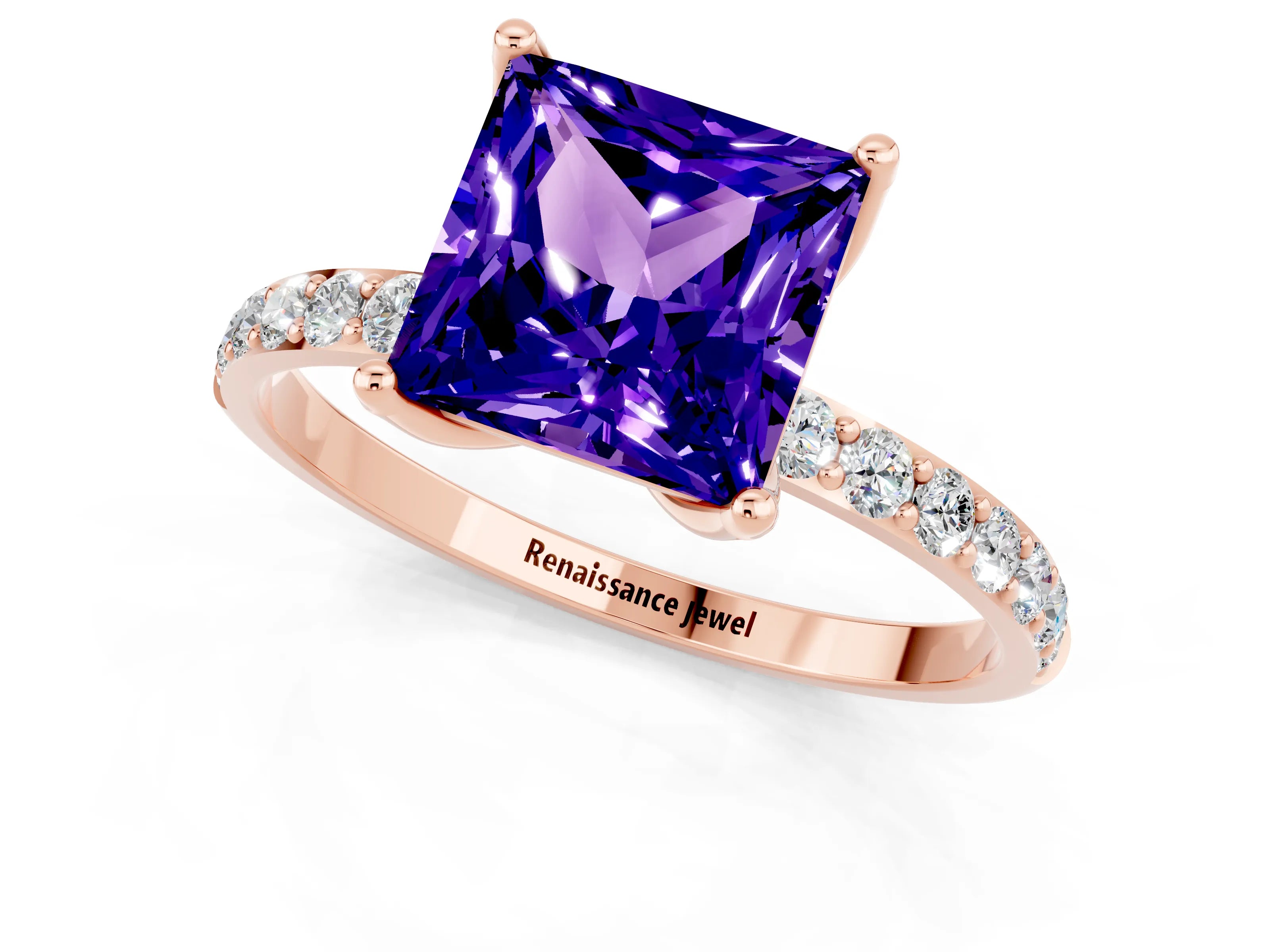 Rose gold Princess Cut Tanzanite Solitaire Engagement Ring with Pavé Band and Prong Setting_1