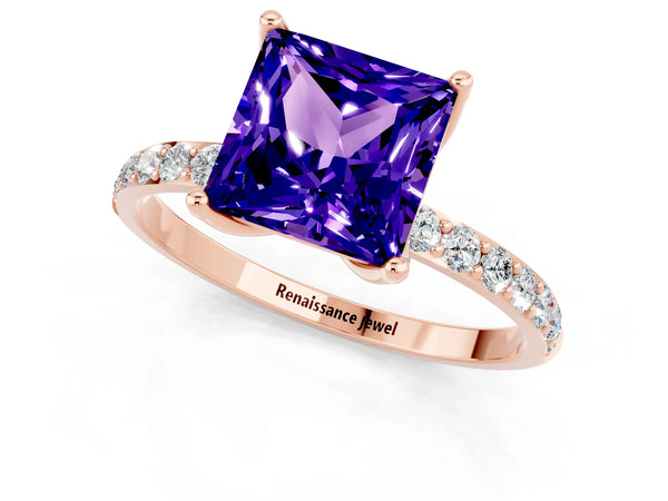 Rose gold Princess Cut Tanzanite Solitaire Engagement Ring with Round  Pavé Band and Prong Setting
