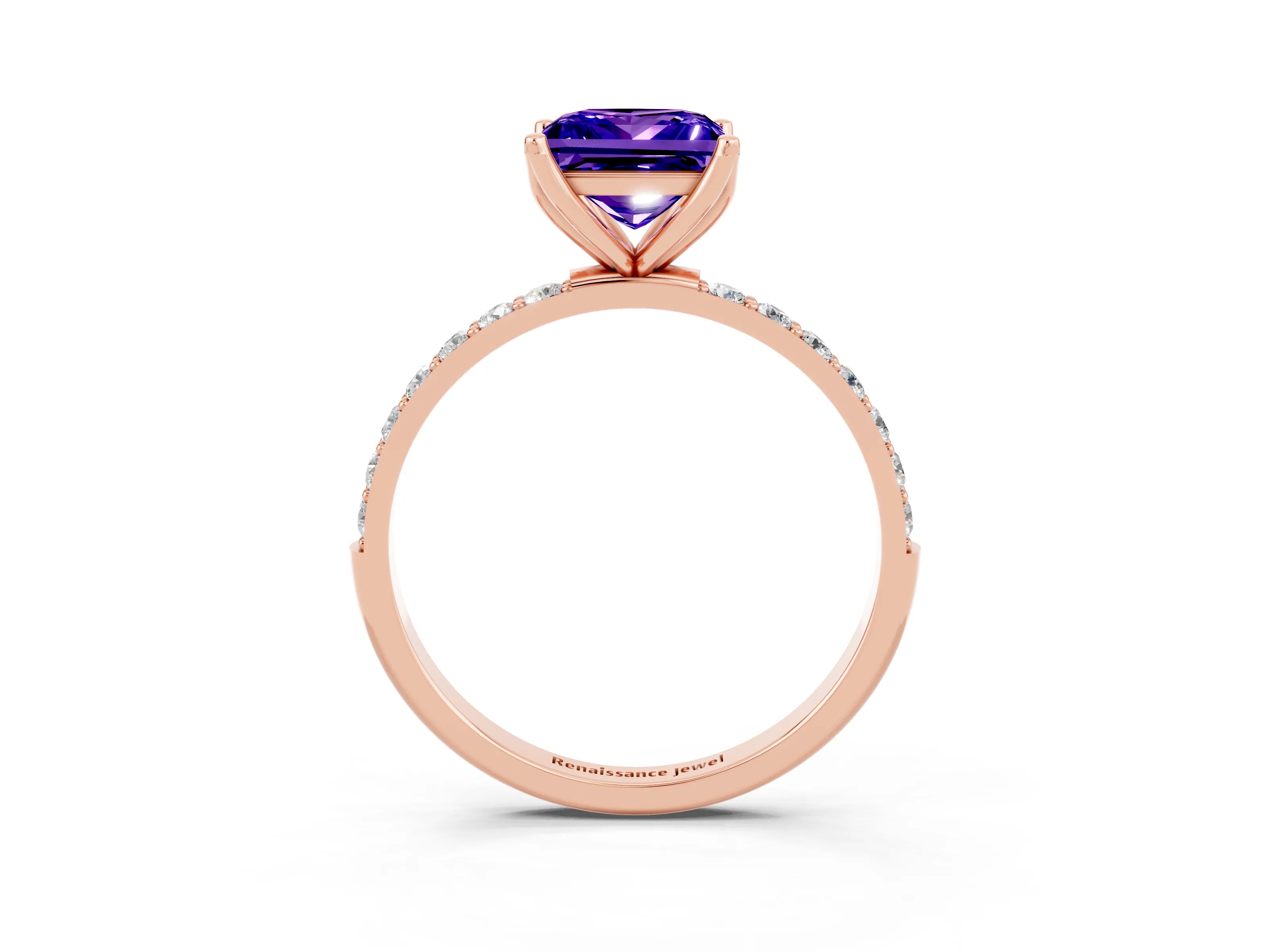 Rose gold Princess Cut Tanzanite Solitaire Engagement Ring with Pavé Band and Prong Setting_3