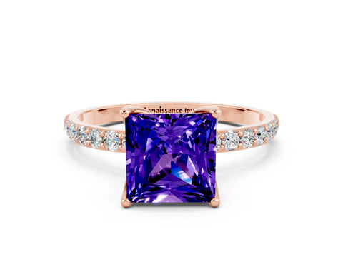 Rose gold Princess Cut Tanzanite Solitaire Engagement Ring with Pavé Band and Prong Setting