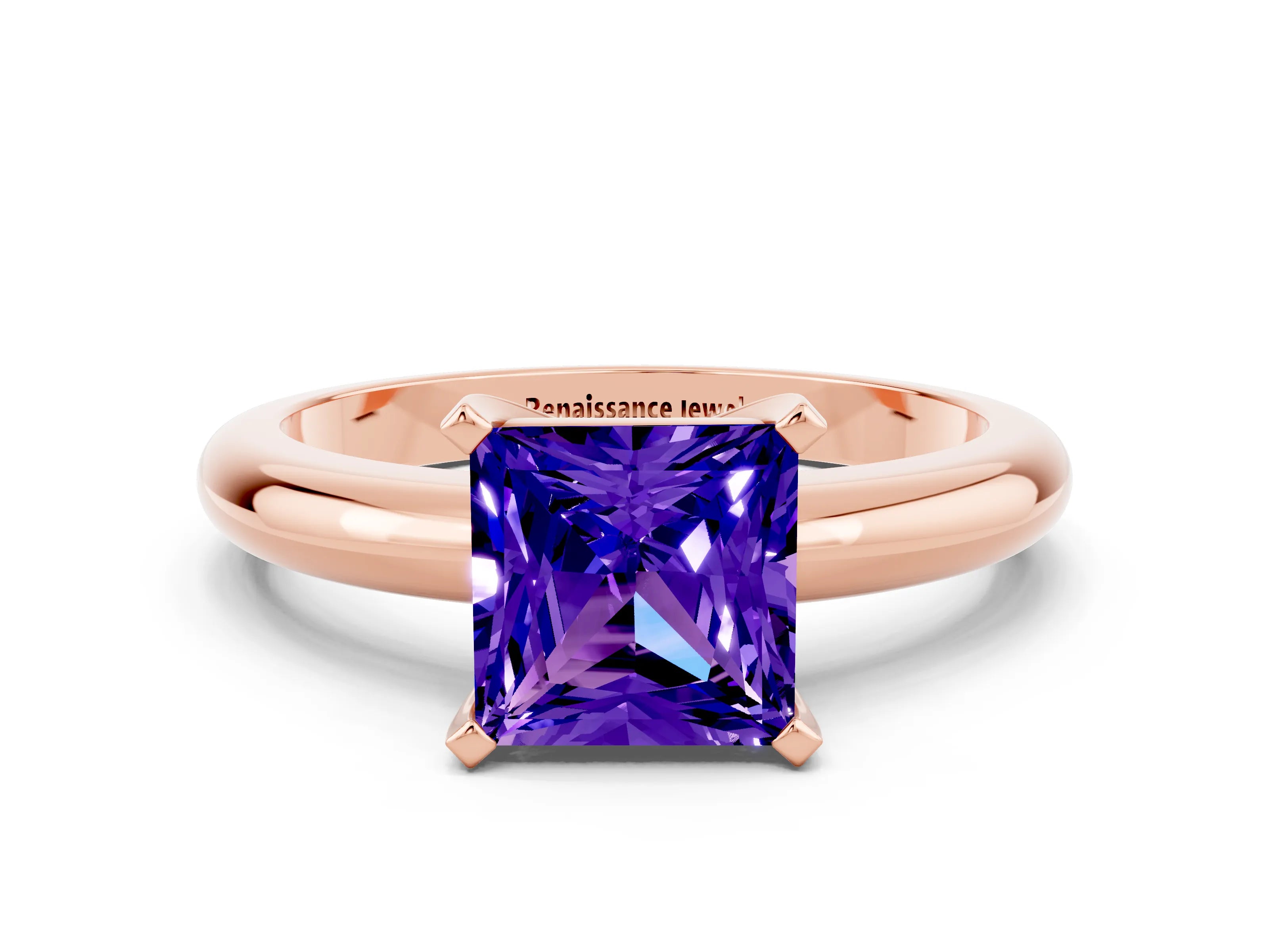 Rose gold Princess Cut Tanzanite Solitaire Engagement Ring with Round Band and Four-Prong Setting