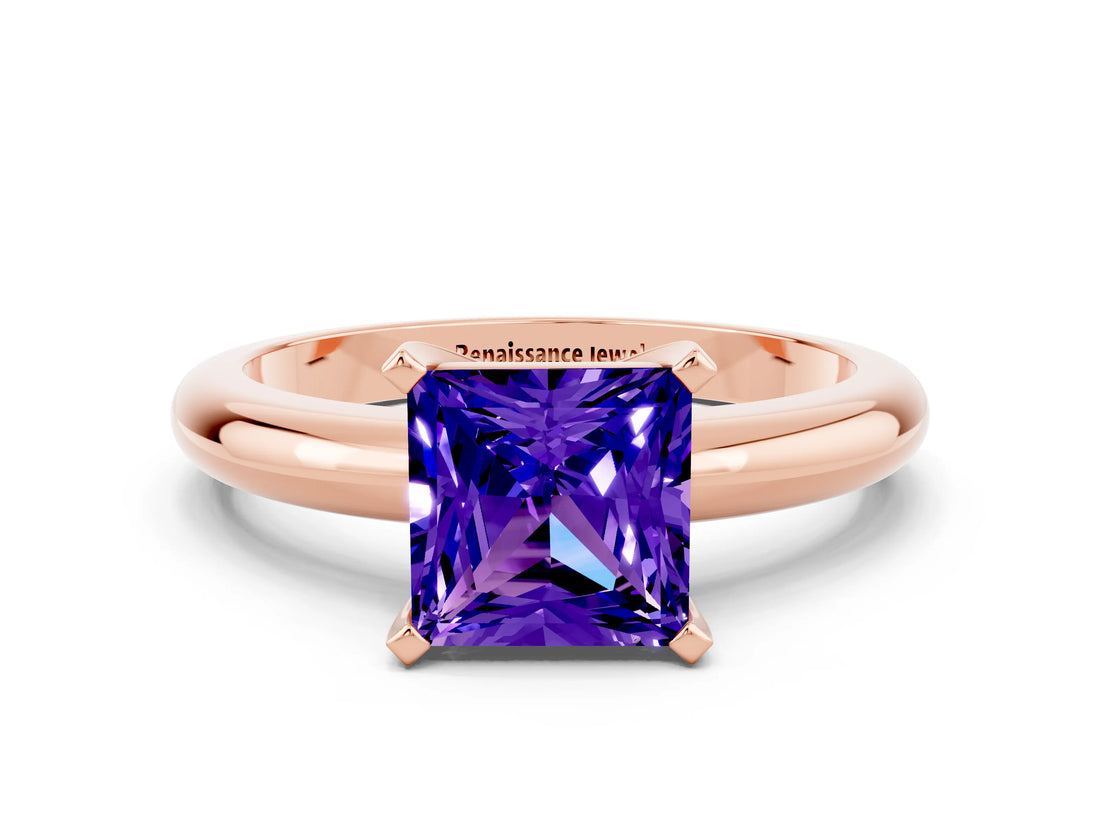 Rose gold Princess Cut Tanzanite Solitaire Engagement Ring with Round Band and Four-Prong Setting