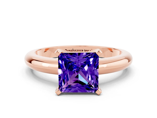 Rose gold Princess Cut Tanzanite Solitaire Engagement Ring with Round Band and Four-Prong Setting
