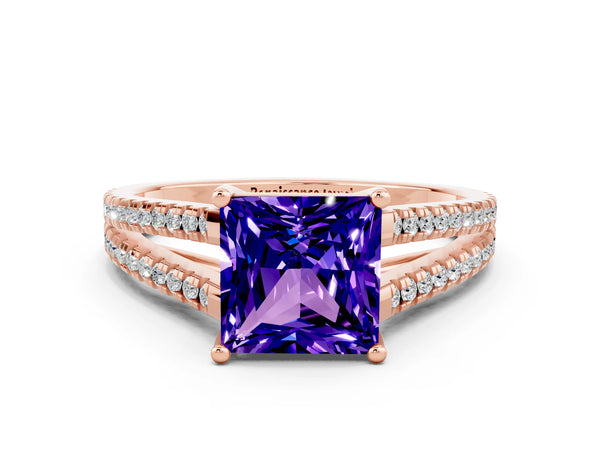 Rose gold Princess Cut Tanzanite Solitaire Engagement Ring with Split Shank Pavé Band