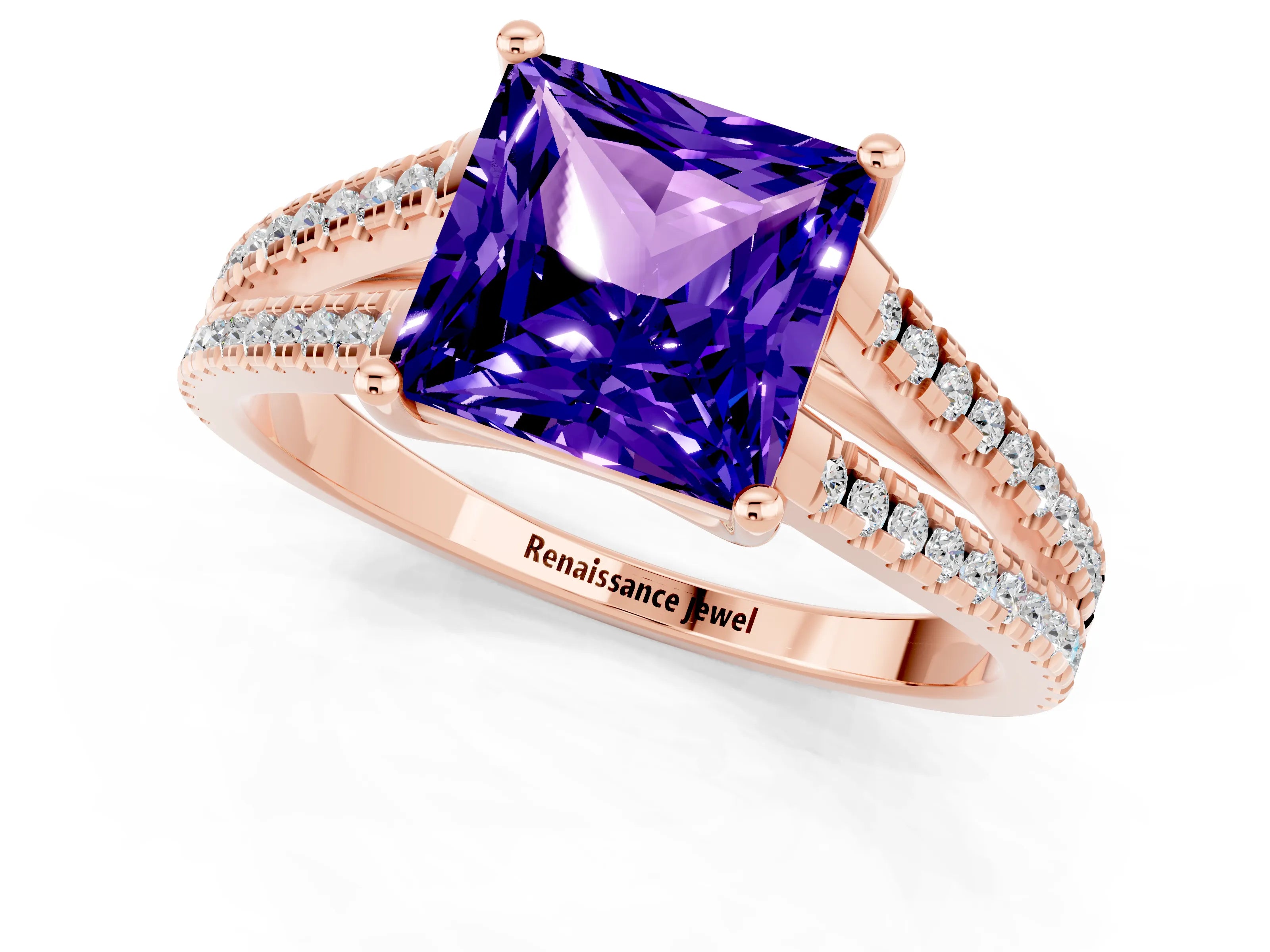 Rose gold Princess Cut Tanzanite Solitaire Engagement Ring with Split Shank Pavé Band_1