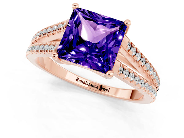 Rose gold Princess Cut Tanzanite Solitaire Engagement Ring with Split Shank Pavé Band