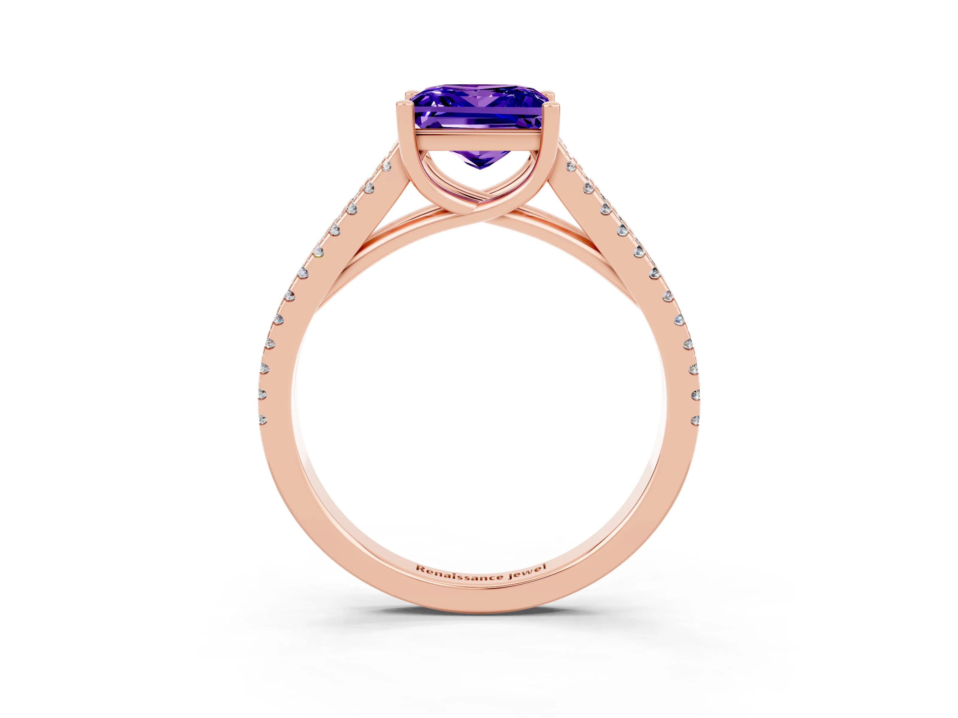 Rose gold Princess Cut Tanzanite Solitaire Engagement Ring with Split Shank Pavé Band_3