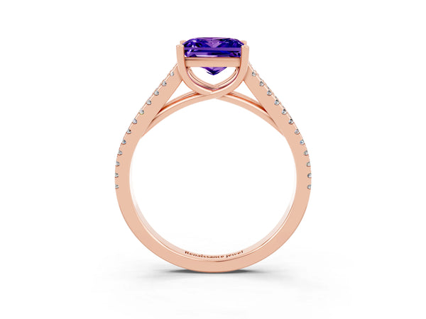 Rose gold Princess Cut Tanzanite Solitaire Engagement Ring with Split Shank Pavé Band