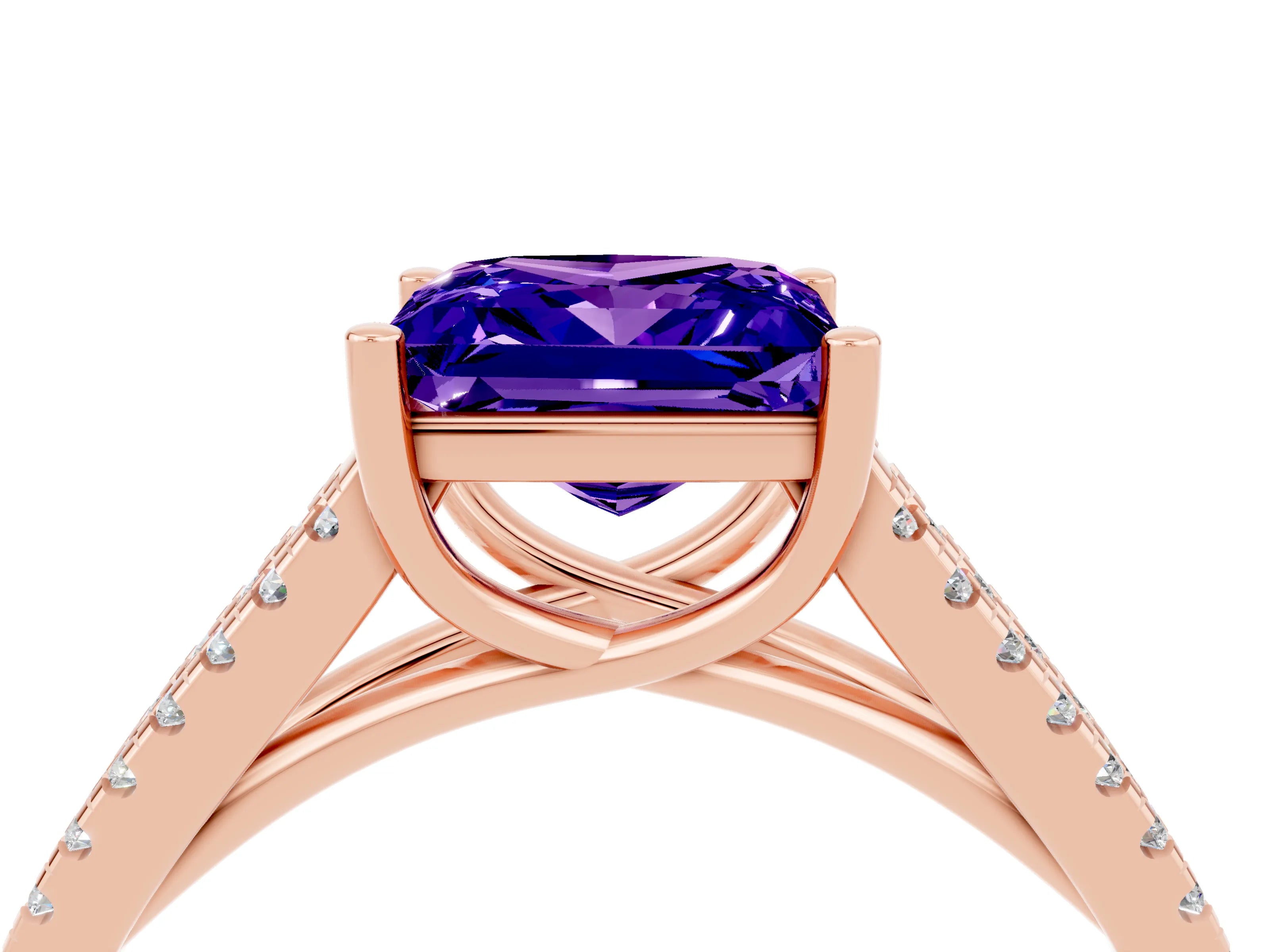 Rose gold Princess Cut Tanzanite Solitaire Engagement Ring with Split Shank Pavé Band_4