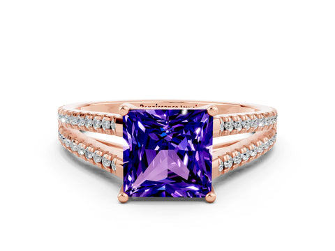 Rose gold Princess Cut Tanzanite Solitaire Engagement Ring with Split Shank Pavé Band