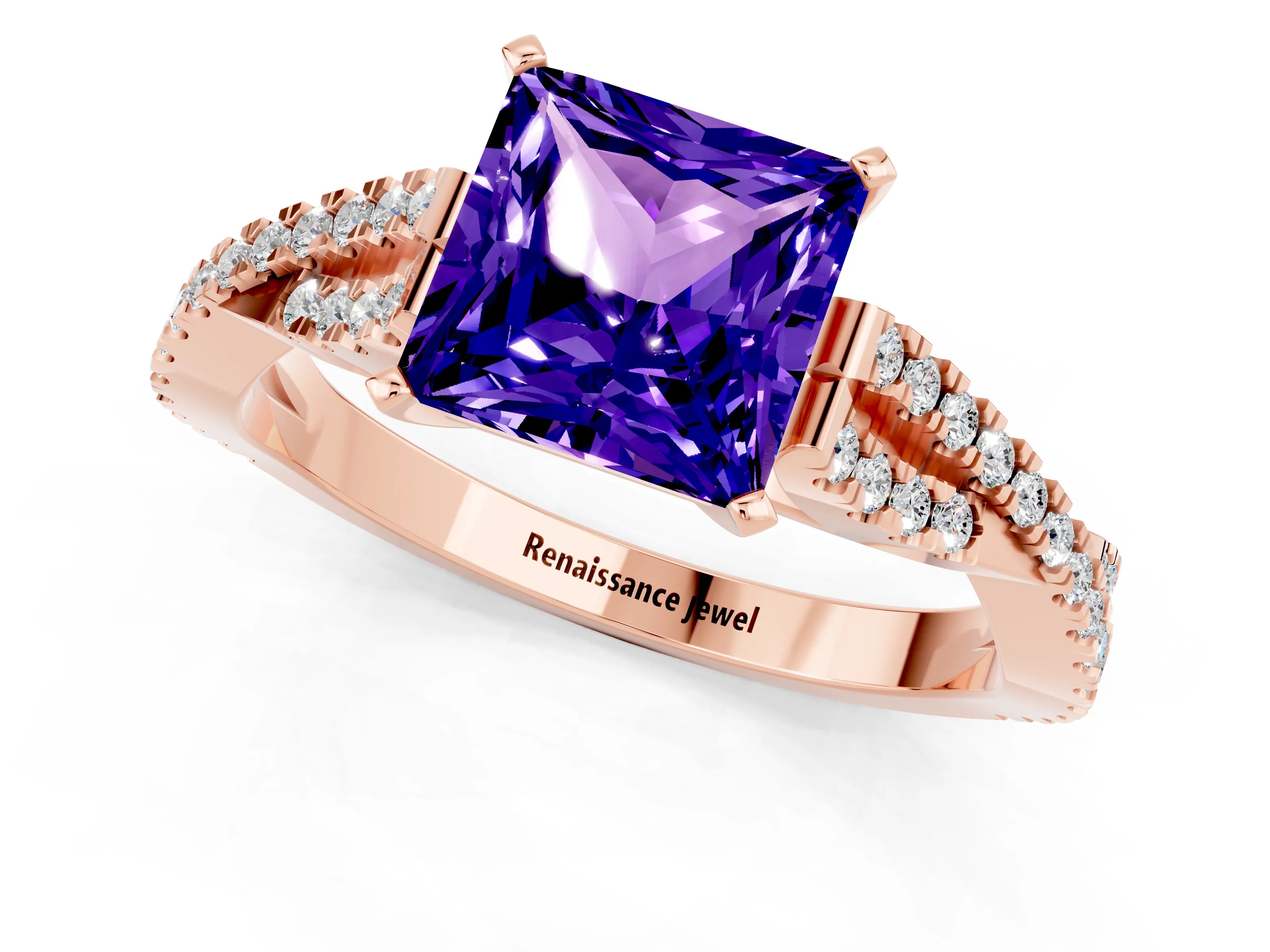 Rose gold Princess Cut Tanzanite Solitaire Engagement Ring with Twisted Pavé Band and Four-Prong Setting_13