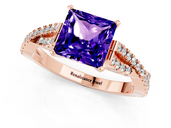 Rose gold Princess Cut Tanzanite Solitaire Engagement Ring with Twisted Pavé Band and Four-Prong Setting