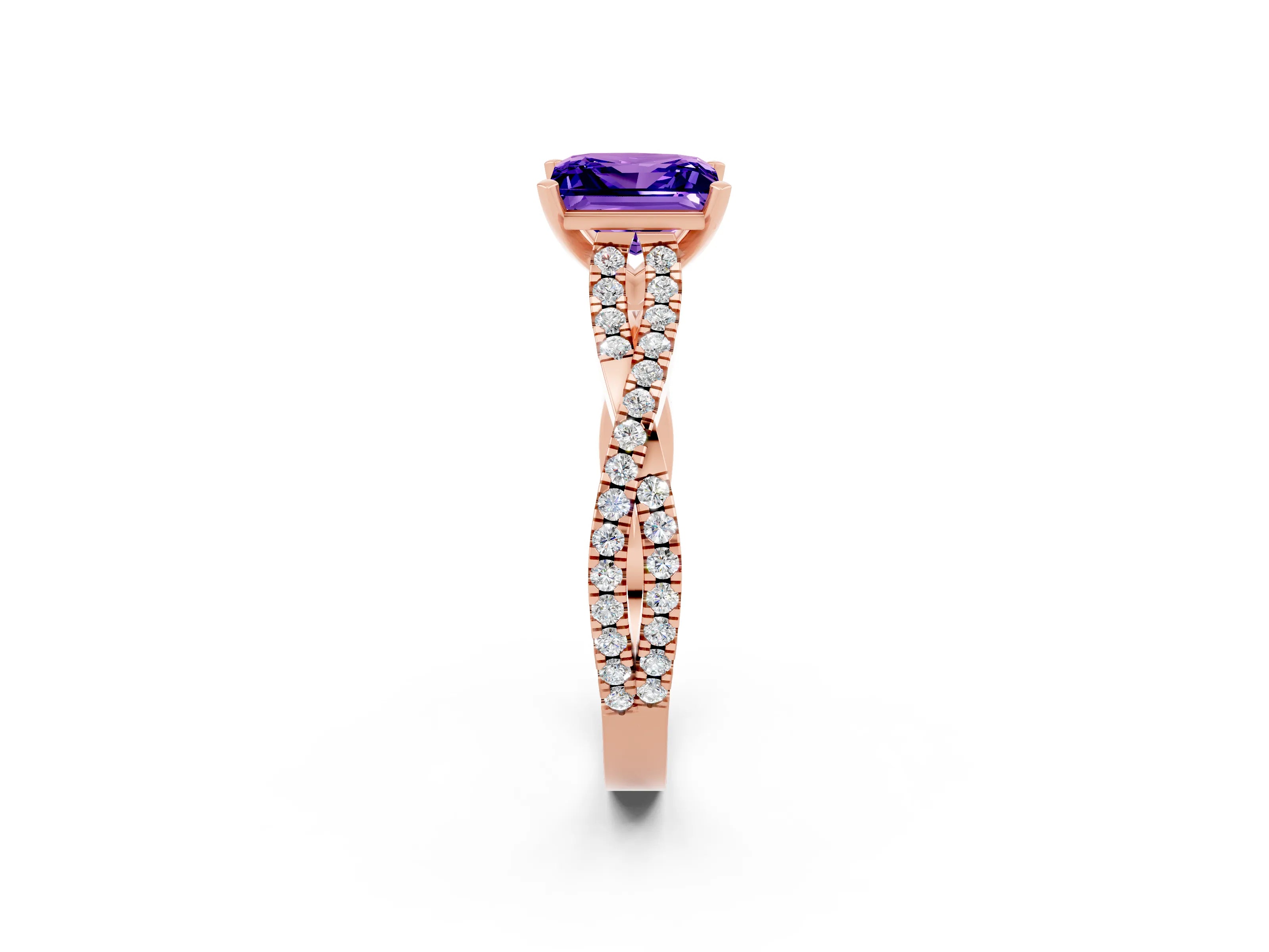 Rose gold Princess Cut Tanzanite Solitaire Engagement Ring with Twisted Pavé Band and Four-Prong Setting_14