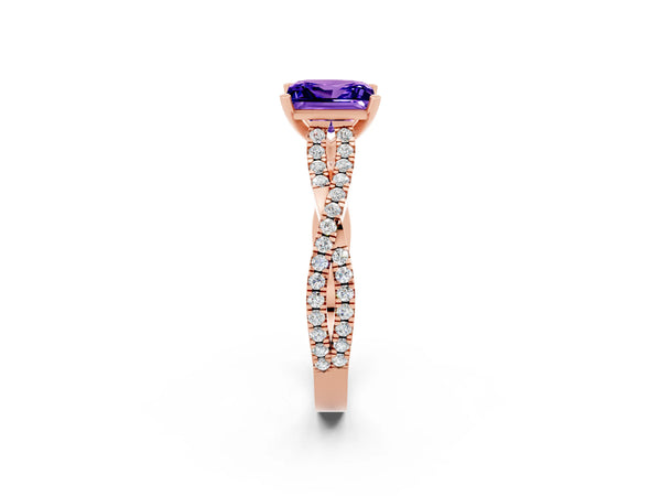 Rose gold Princess Cut Tanzanite Solitaire Engagement Ring with Twisted Pavé Band and Four-Prong Setting