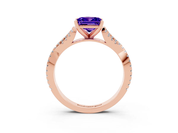 Rose gold Princess Cut Tanzanite Solitaire Engagement Ring with Twisted Pavé Band and Four-Prong Setting