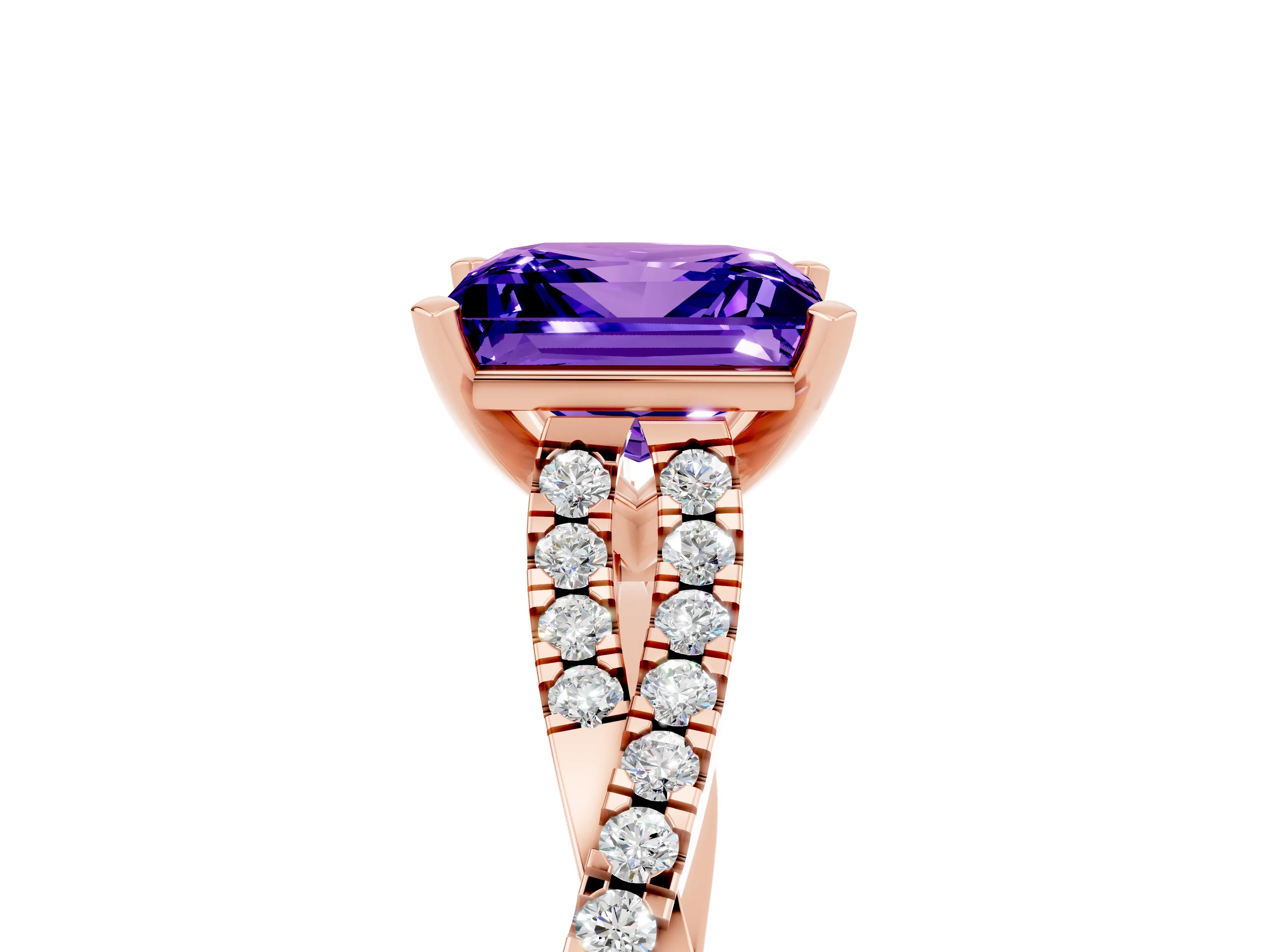 Rose gold Princess Cut Tanzanite Solitaire Engagement Ring with Twisted Pavé Band and Four-Prong Setting_17