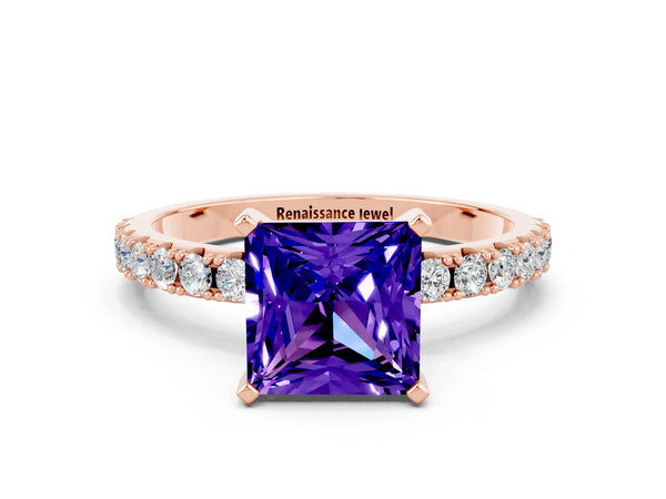 Rose gold Princess Cut Tanzanite Solitaire Pavé Band with Four-Prong Setting