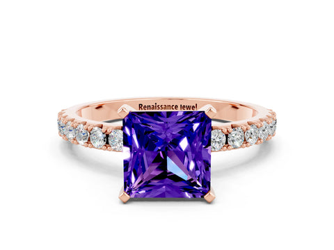 Rose gold Princess Cut Tanzanite Solitaire Pavé Band with Four-Prong Setting