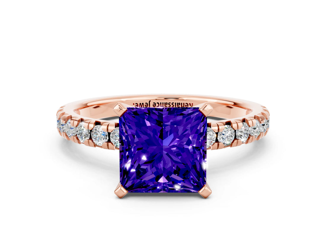 Rose gold Princess Cut Tanzanite Solitaire Pavé Engagement Ring with Round Band and Prong Setting_72