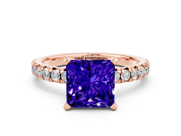 Rose gold Princess Cut Tanzanite Solitaire Pavé Engagement Ring with Round Band and Prong Setting