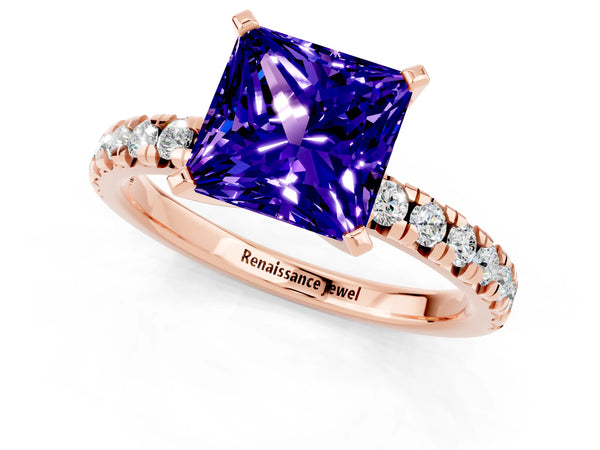 Rose gold Princess Cut Tanzanite Solitaire Pavé Engagement Ring with Round Band and Prong Setting