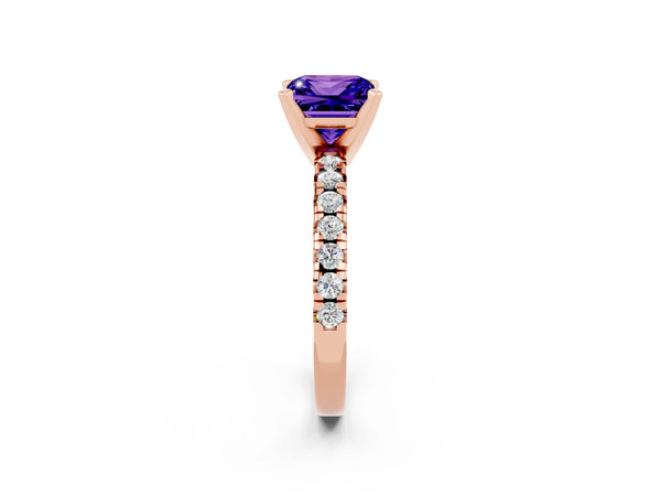 Rose gold Princess Cut Tanzanite Solitaire Pavé Engagement Ring with Round Band and Prong Setting