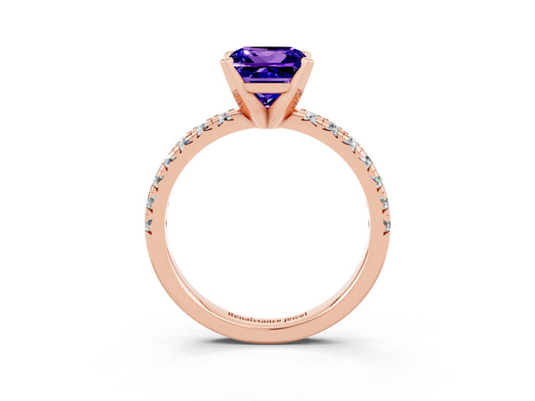 Rose gold Princess Cut Tanzanite Solitaire Pavé Engagement Ring with Round Band and Prong Setting