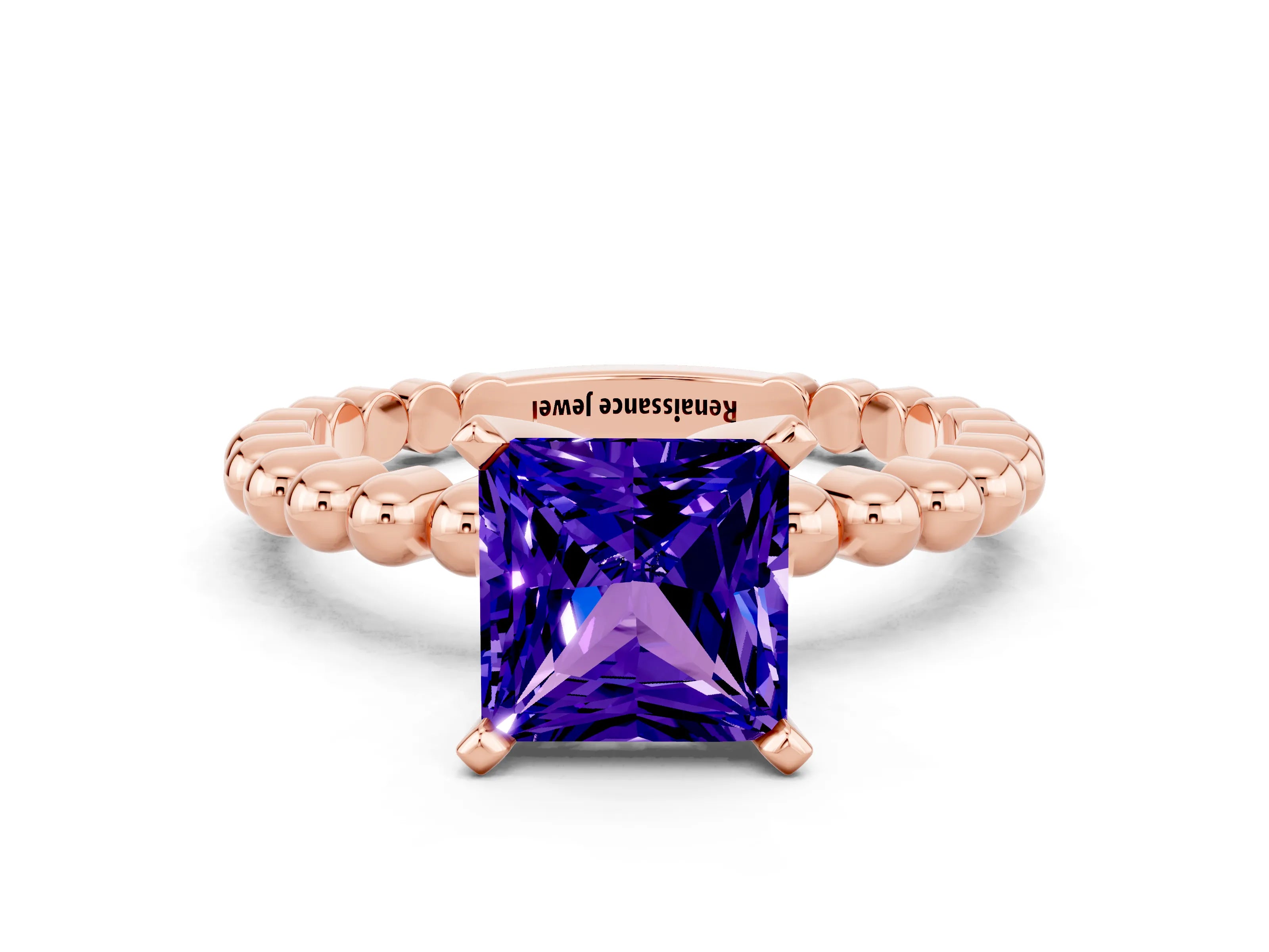 Rose gold Princess Cut Tanzanite Solitaire Ring with Beaded Band and Prong Setting