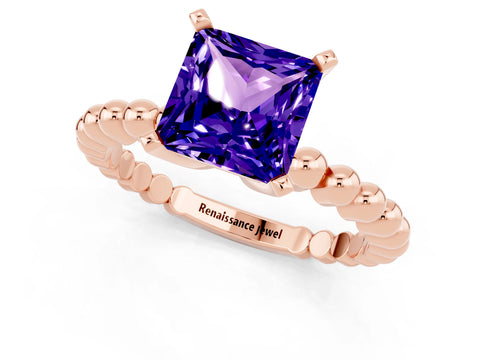 Rose gold Princess Cut Tanzanite Solitaire Ring with Beaded Band and Prong Setting_1