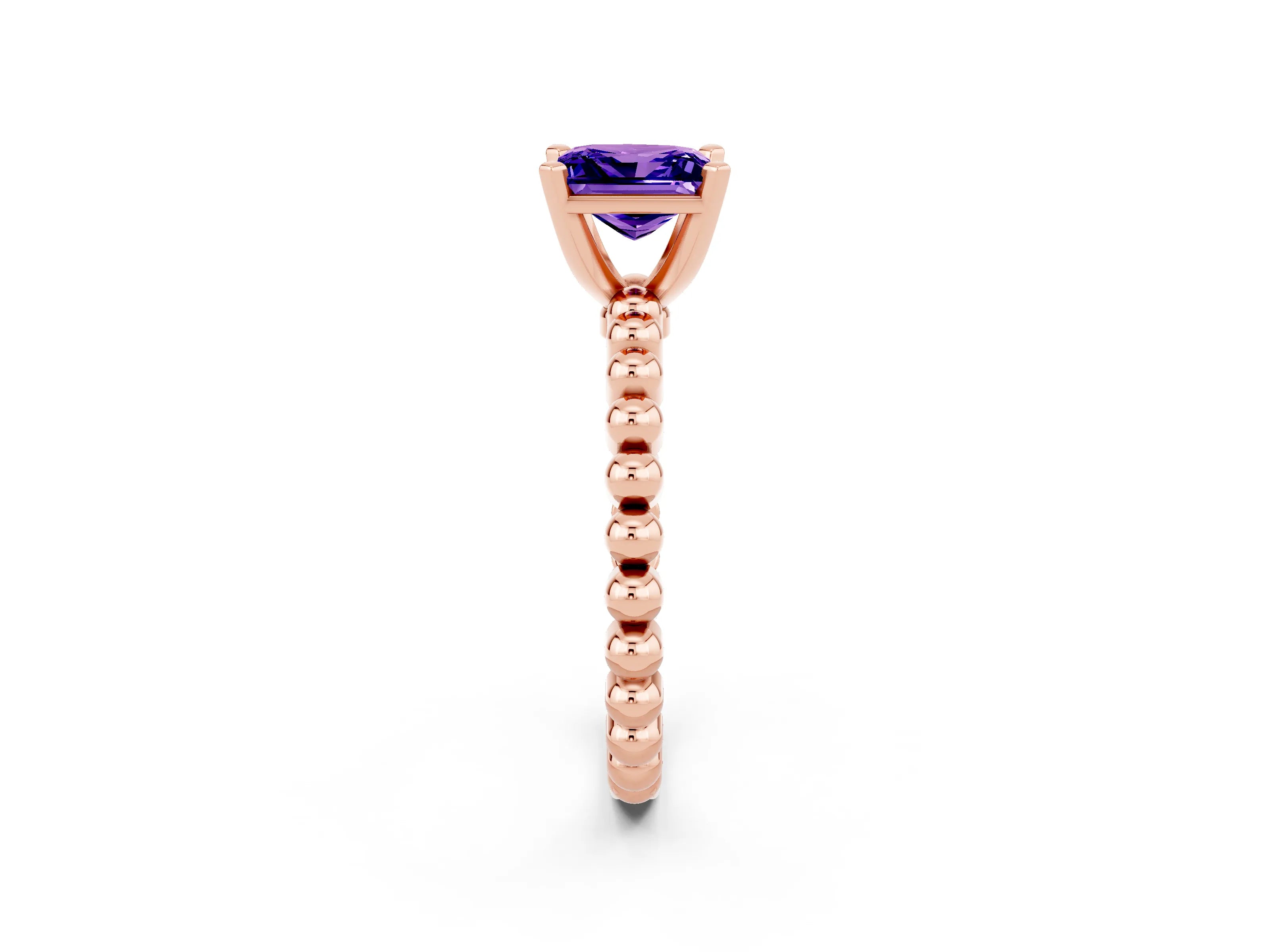Rose gold Princess Cut Tanzanite Solitaire Ring with Beaded Band and Prong Setting_2
