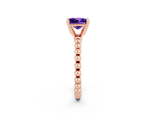 Rose gold Princess Cut Tanzanite Solitaire Ring with Beaded Band and Prong Setting