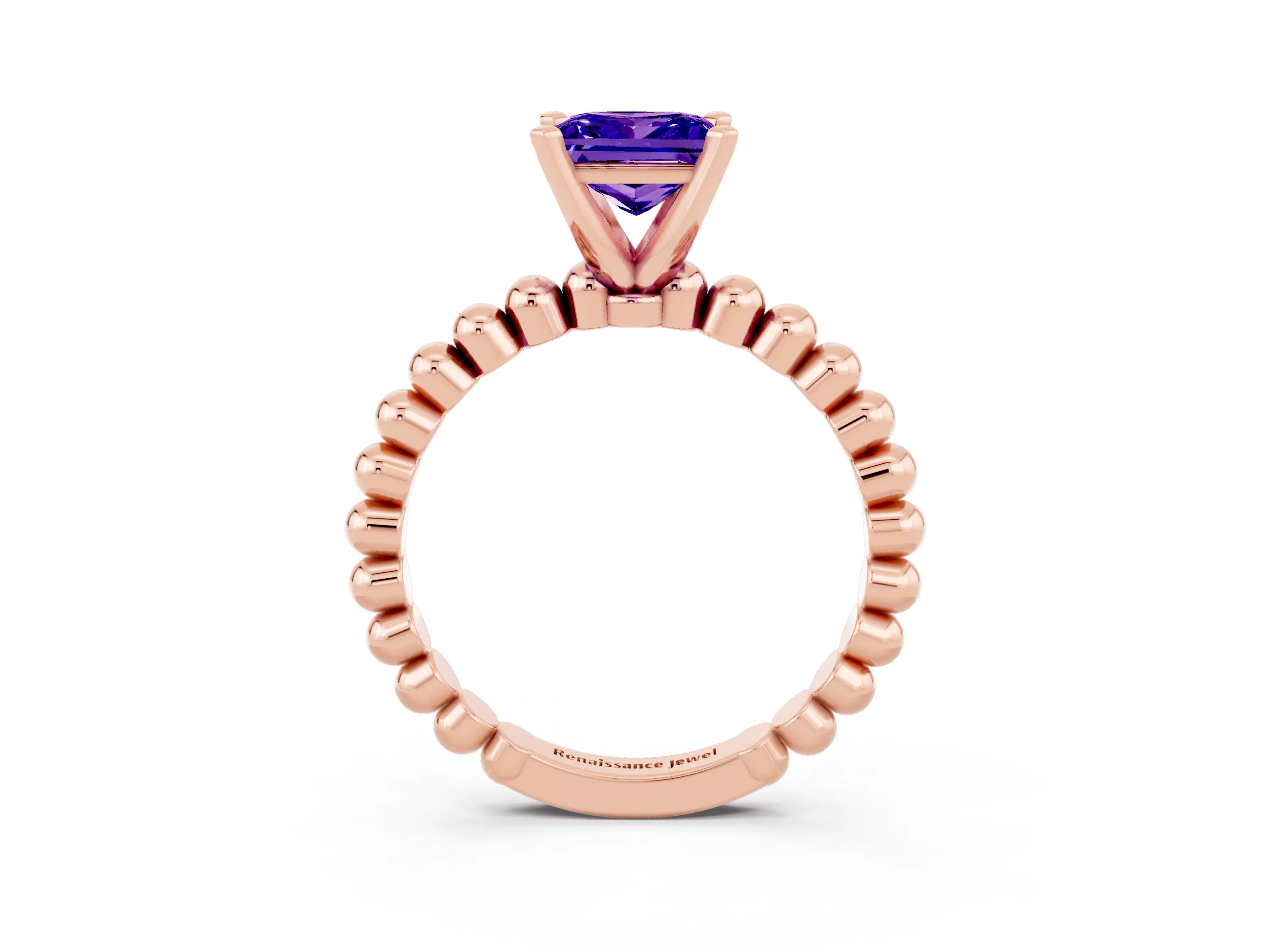 Rose gold Princess Cut Tanzanite Solitaire Ring with Beaded Band and Prong Setting_3