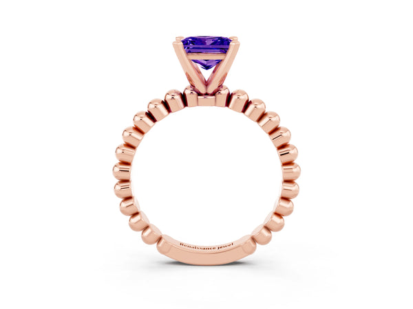Rose gold Princess Cut Tanzanite Solitaire Ring with Beaded Band and Prong Setting
