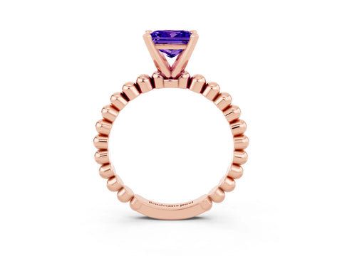 Rose gold Princess Cut Tanzanite Solitaire Ring with Beaded Band and Prong Setting_3