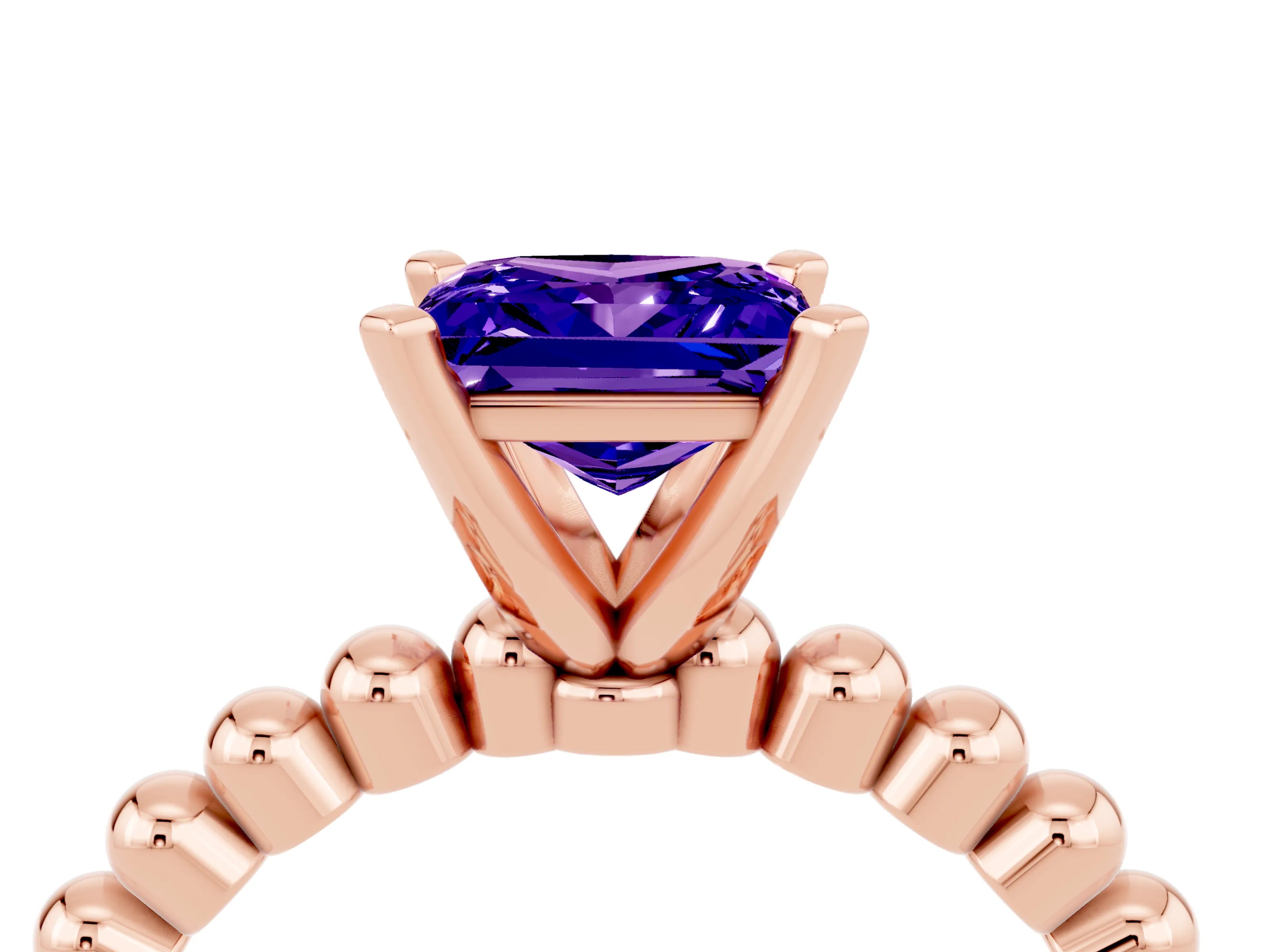 Rose gold Princess Cut Tanzanite Solitaire Ring with Beaded Band and Prong Setting_4