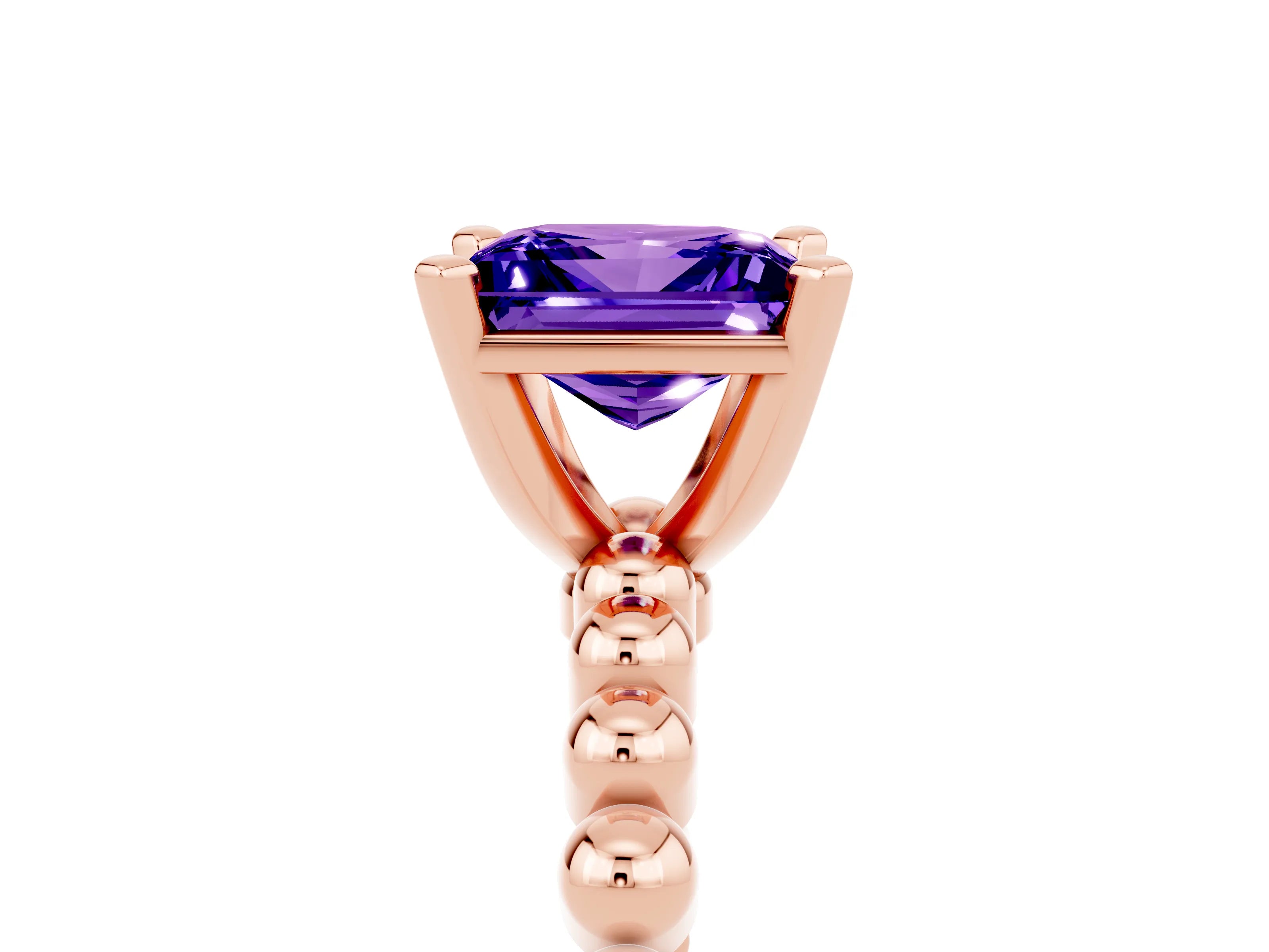 Rose gold Princess Cut Tanzanite Solitaire Ring with Beaded Band and Prong Setting_5