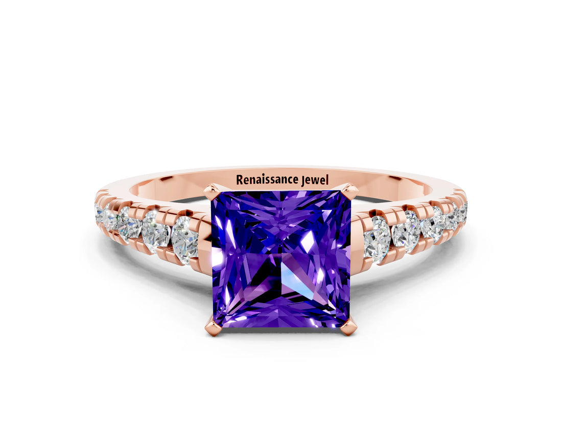 Rose gold Princess Cut Tanzanite Solitaire Ring with Cathedral Setting and Pavé Band