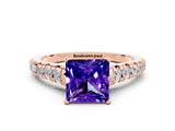 Rose gold Princess Cut Tanzanite Solitaire Ring with Cathedral Setting and Pavé Band