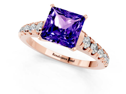 Rose gold Princess Cut Tanzanite Solitaire Ring with Cathedral Setting and Pavé Band_1