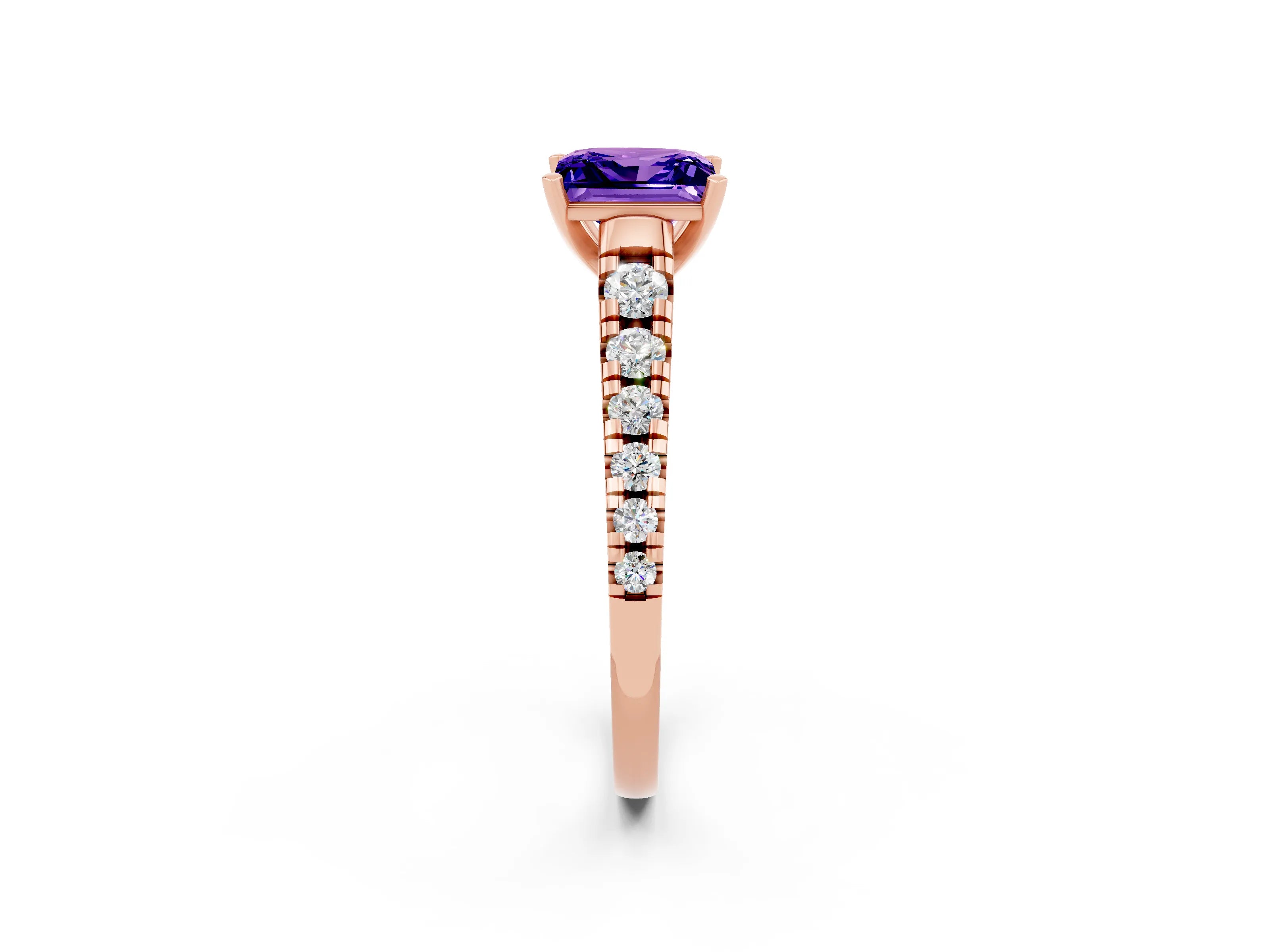 Rose gold Princess Cut Tanzanite Solitaire Ring with Cathedral Setting and Pavé Band_2