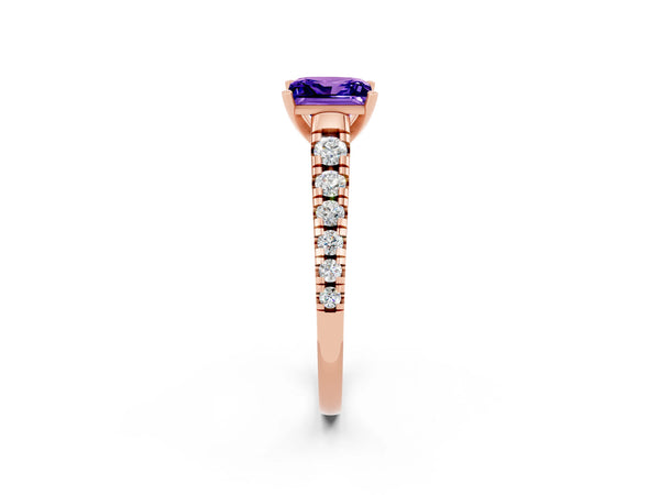 Rose gold Princess Cut Tanzanite Cathedral Solitaire Ring with Round  Pavé Band