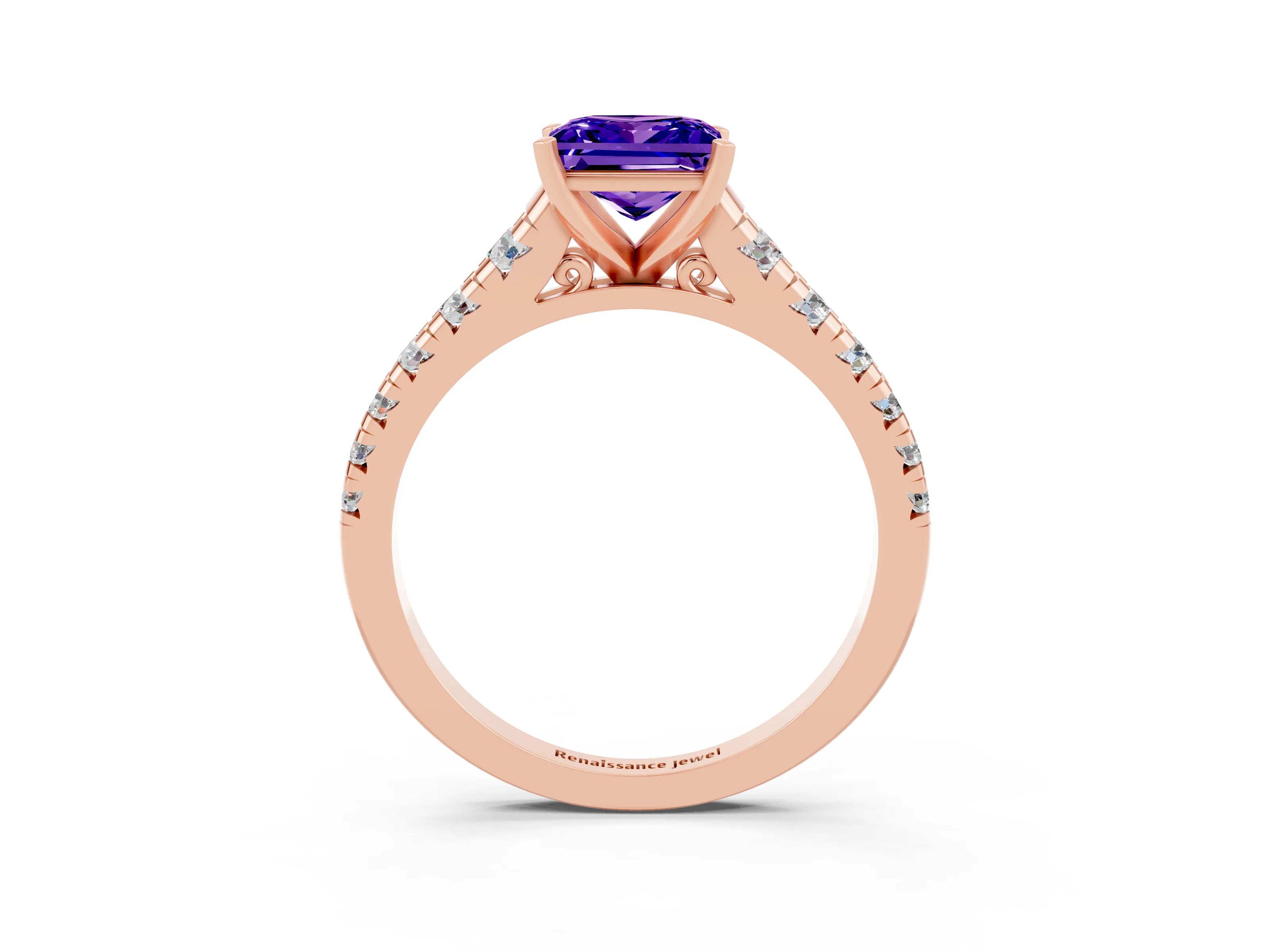 Rose gold Princess Cut Tanzanite Solitaire Ring with Cathedral Setting and Pavé Band_3