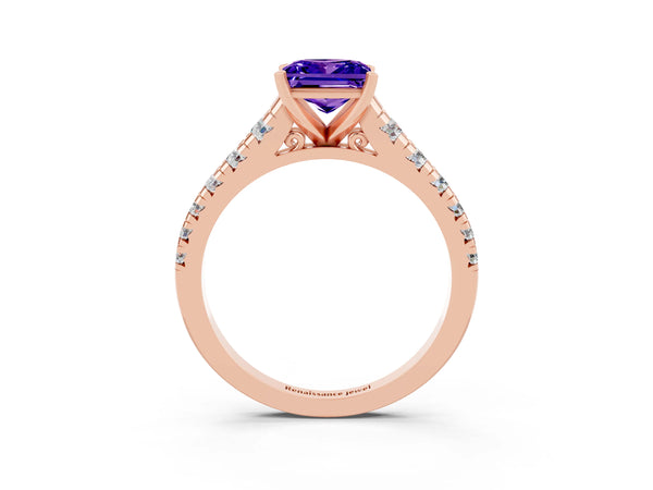 Rose gold Princess Cut Tanzanite Cathedral Solitaire Ring with Round  Pavé Band