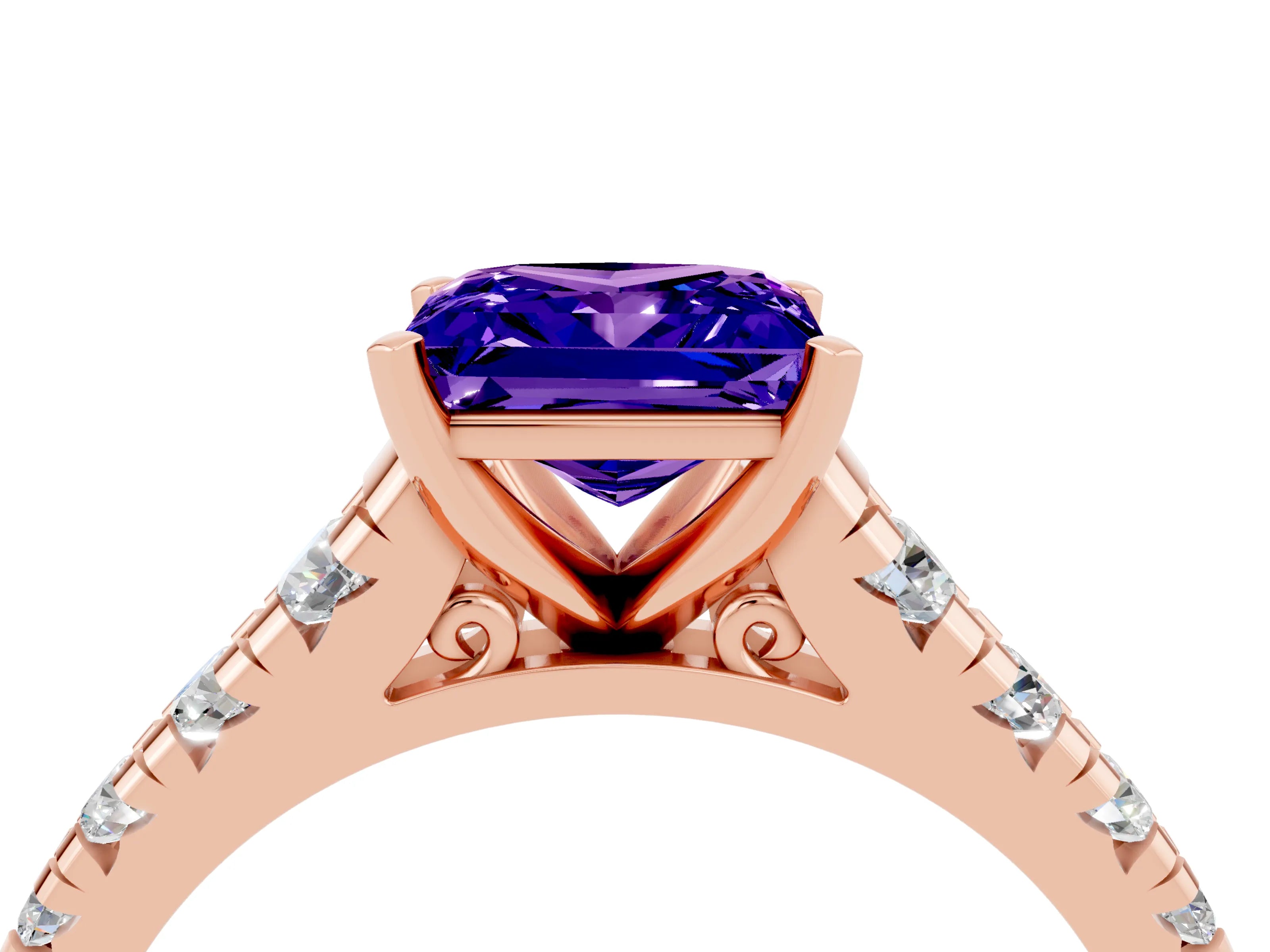 Rose gold Princess Cut Tanzanite Solitaire Ring with Cathedral Setting and Pavé Band_4