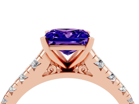 Rose gold Princess Cut Tanzanite Solitaire Ring with Cathedral Setting and Pavé Band_4
