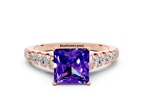 Rose gold Princess Cut Tanzanite Solitaire Ring with Cathedral Setting and Pavé Band