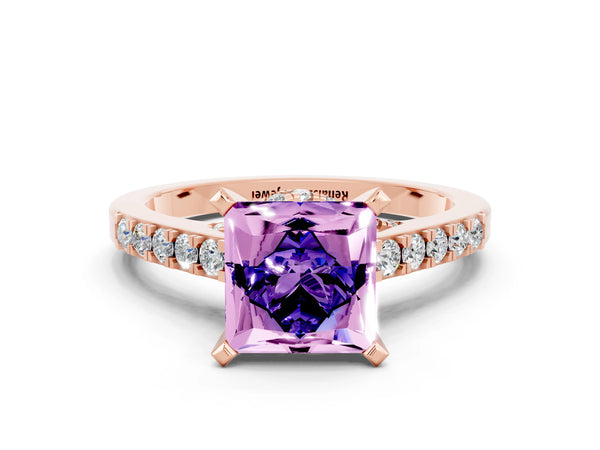 Rose gold Princess Cut Tanzanite Solitaire Ring with Crossover Gallery and Round  Pavé Band