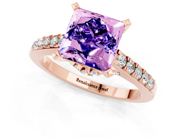 Rose gold Princess Cut Tanzanite Solitaire Ring with Crossover Gallery and Round  Pavé Band