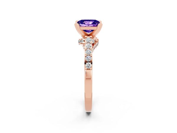Rose gold Princess Cut Tanzanite Solitaire Ring with Crossover Gallery and Round  Pavé Band